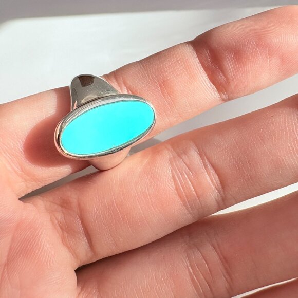 VTG Solid Sterling SIlver 925 Turquoise Bezel Set Tapered Band Ring Size 9 - Picture 6 of 10